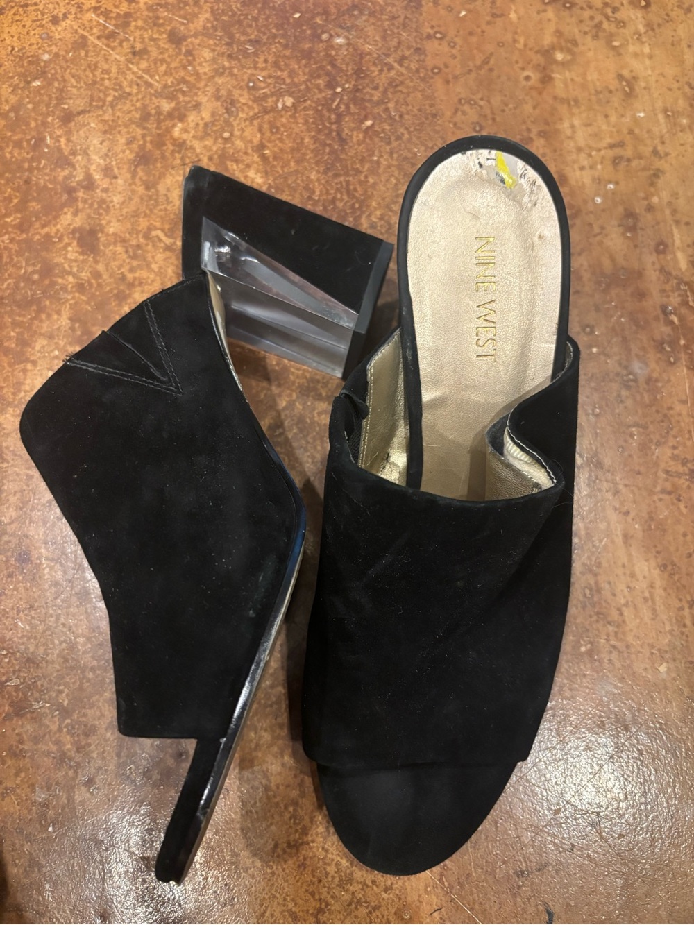 Nine West Black Suede Open-Toe Mules with Clear Block Heel